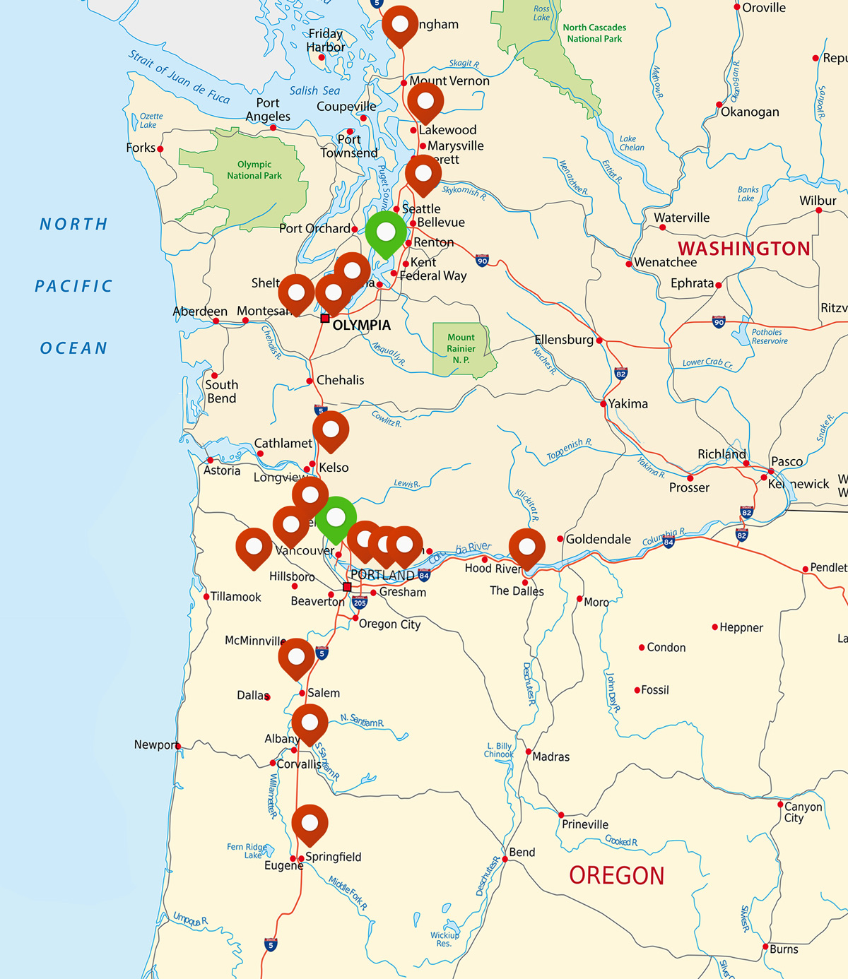 Map of Washington and Oregon.